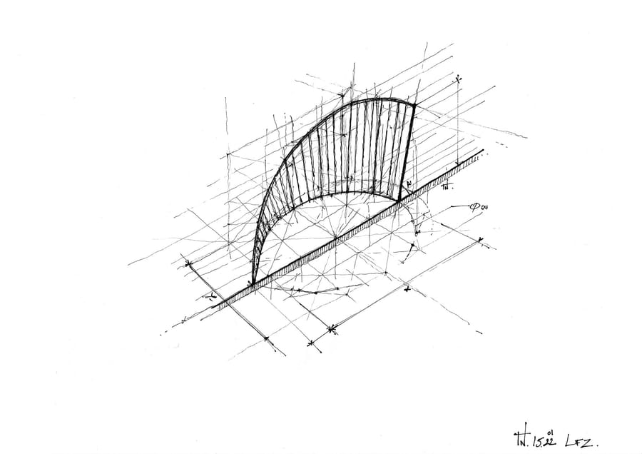 Croquis d'architecture en perspective montrant une structure courbe et ses lignes de construction géométriques, SFZ à Paris