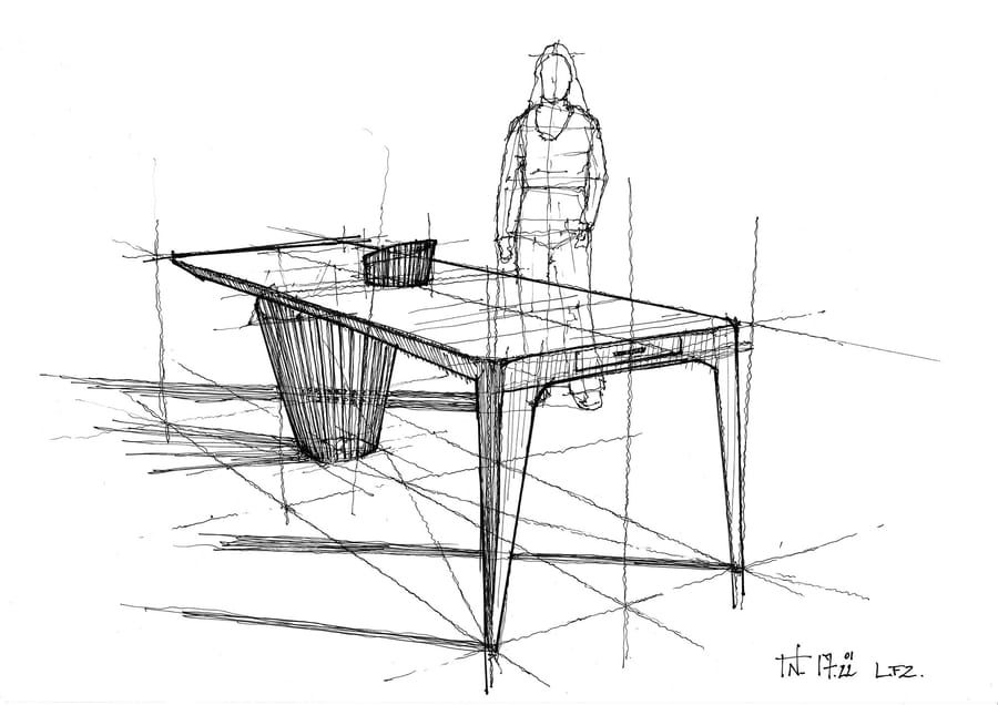 Croquis d'architecture en perspective représentant un bureau design avec une silhouette debout, SFZ à Paris