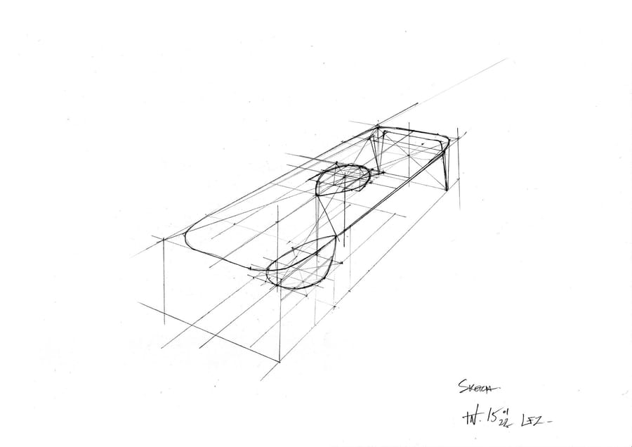 Croquis d'architecture en perspective représentant les lignes de construction géométriques d'une table design, SFZ à Paris