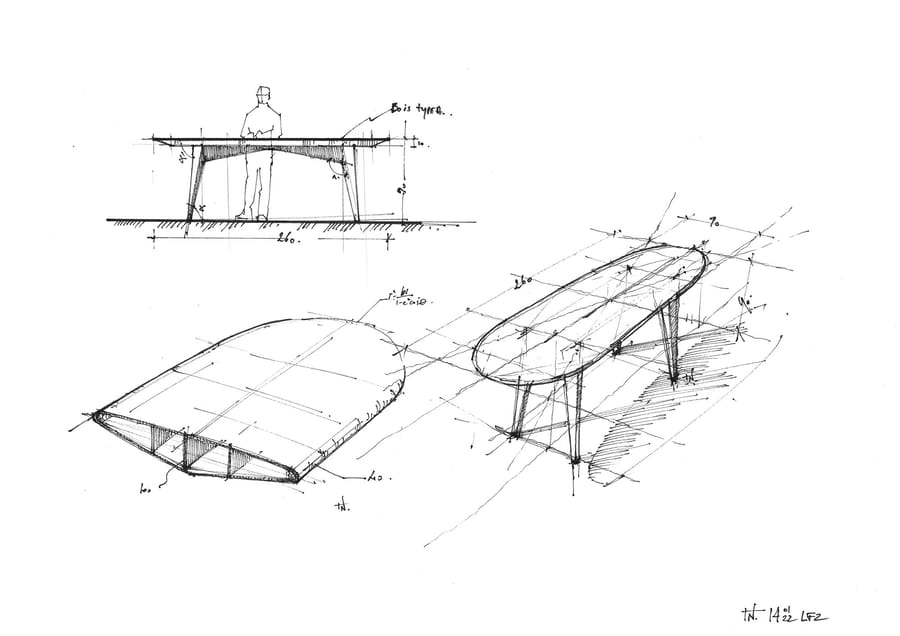 Croquis de conception et dessin technique d'une grande table en bois avec cotations, par un cabinet d'architecture, SFZ à Paris