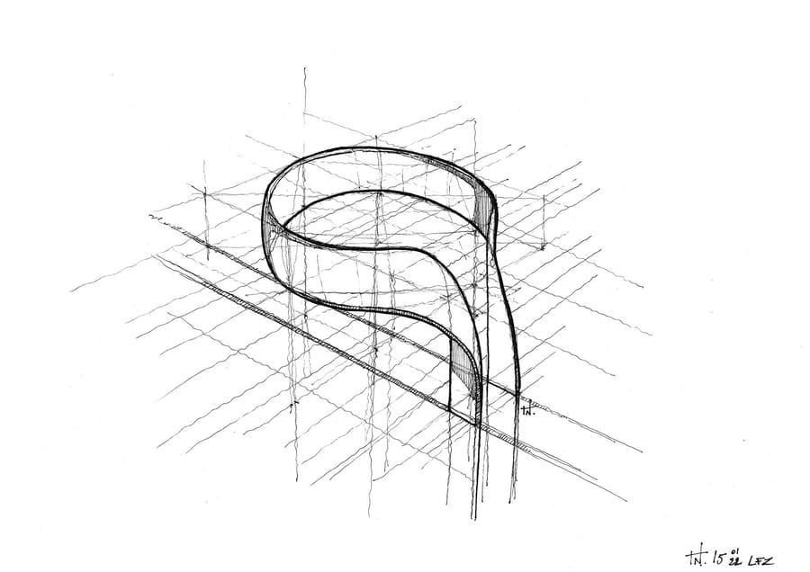 Croquis au crayon d'une structure architecturale aux lignes courbes tracé sur un quadrillage en perspective, SFZ à Paris