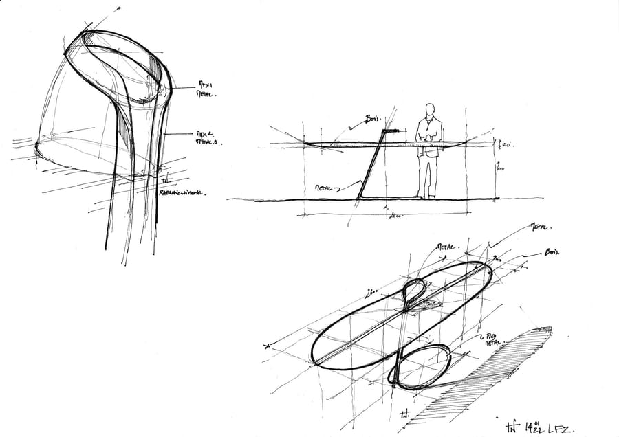 Croquis de dessin technique présentant sous plusieurs angles une table avec plateau en bois et pied en métal, SFZ à Paris
