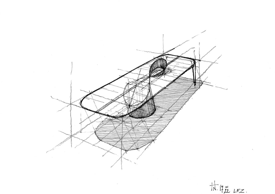 Croquis à l'encre noire présentant le design d'une table ovale et ses lignes de construction, SFZ à Paris