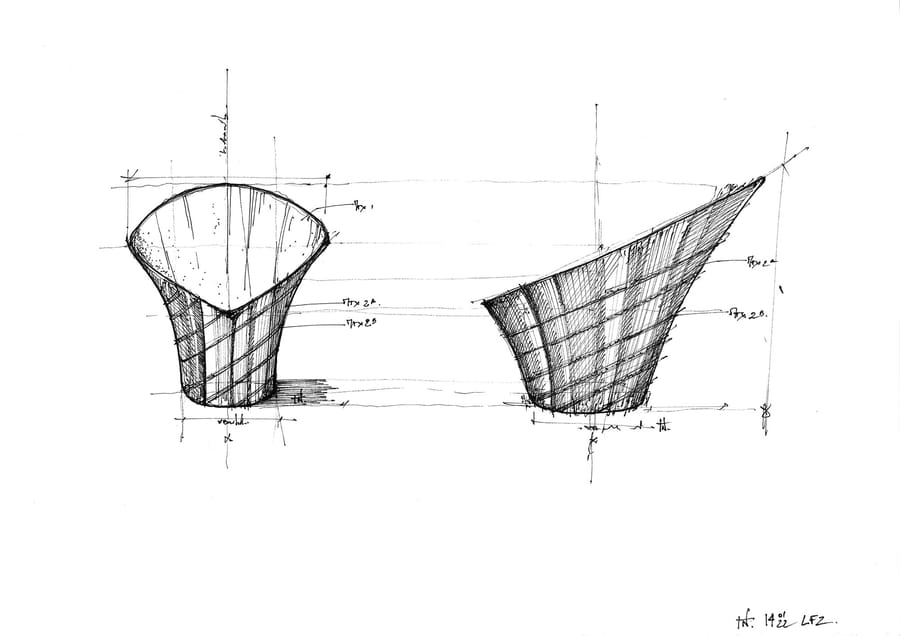Croquis fait main de deux vues annotées d'une structure évasée hachurée, réalisé pour un projet d'architecture, SFZ à Paris
