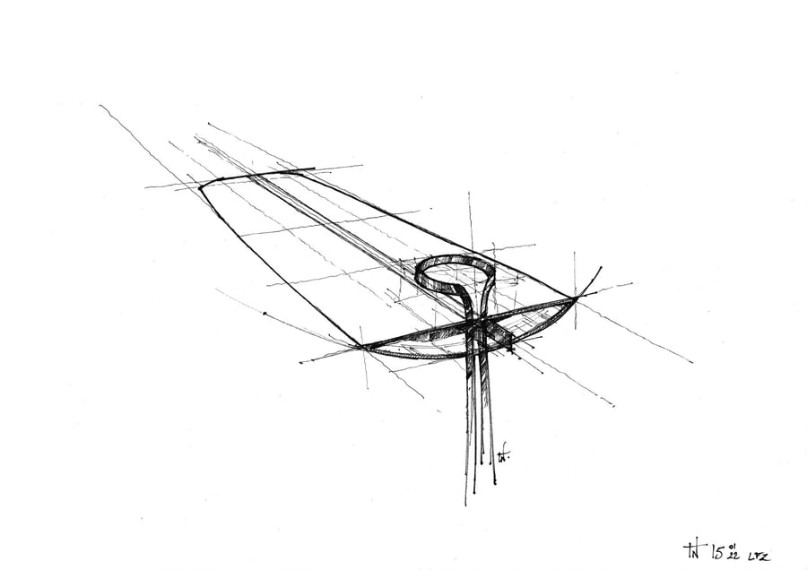 Croquis en perspective à l'encre noire représentant une structure contemporaine élancée, pour un projet d'architecture, SFZ à Paris