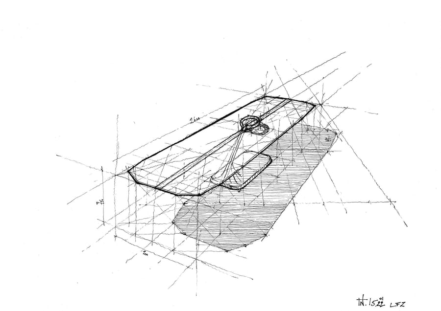 Croquis en perspective à l'encre représentant le projet de design d'une table rectangulaire avec ses lignes de construction, SFZ à Paris