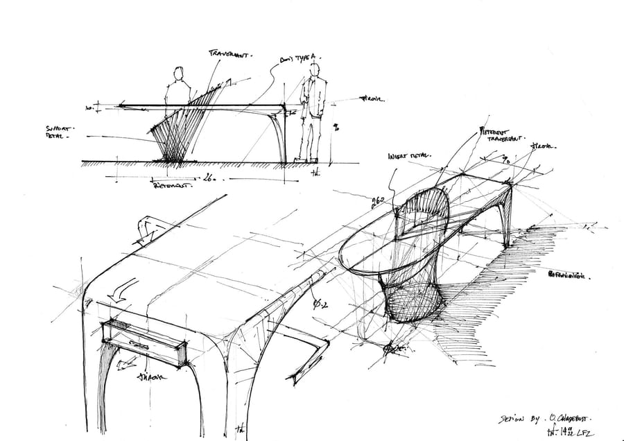Croquis de design présentant plusieurs vues d'un bureau avec annotations techniques, signé par l'architecte Chadebost, SFZ à Paris
