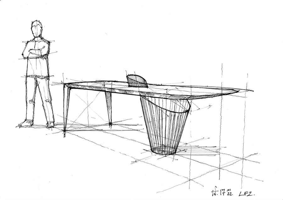 Dessin au crayon d'une table au design contemporain et d'une silhouette d'homme debout pour matérialiser l'échelle, SFZ à Paris