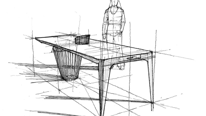 Dessin en perspective d'un bureau au piètement ajouré avec une silhouette debout en arrière-plan, SFZ à Paris