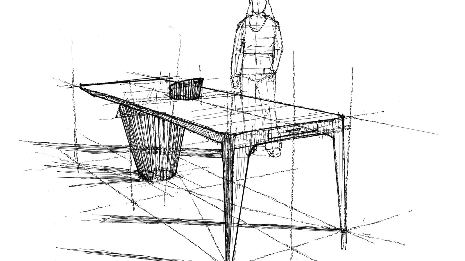 Dessin en perspective d'un bureau au piètement ajouré avec une silhouette debout en arrière-plan, SFZ à Paris