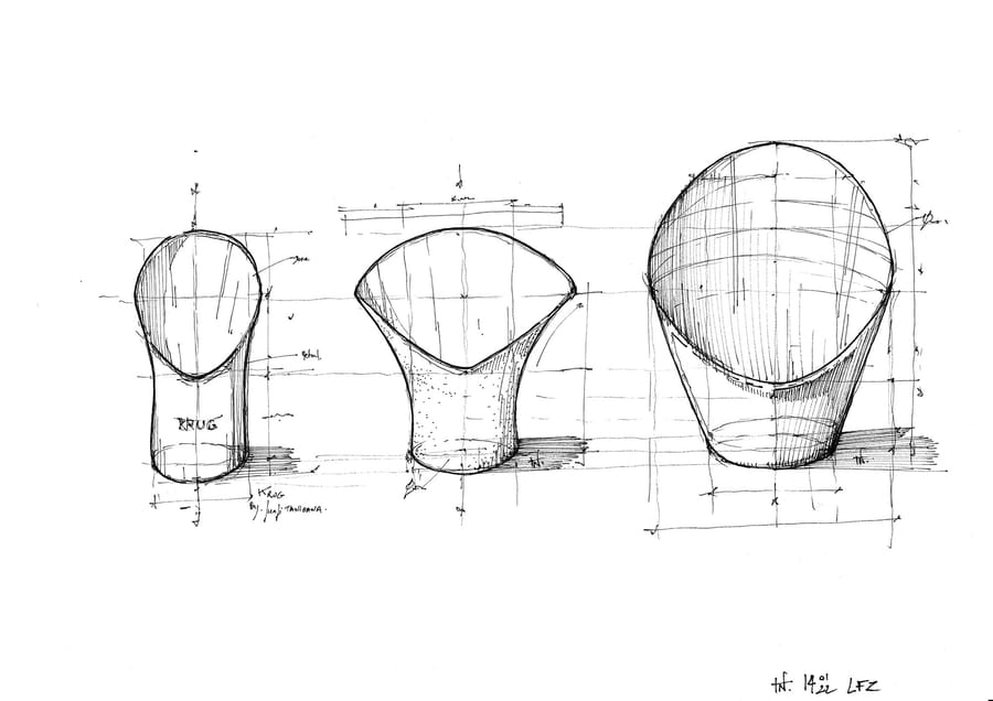 Esquisses au crayon de trois récipients estampillés Krug avec cotes et annotations de design, SFZ à Paris
