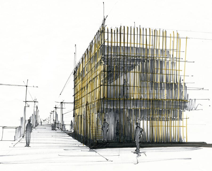 Croquis architectural d'un bâtiment contemporain à la façade dorée en lattes verticales et silhouettes de passants, Salon SIMEI à Milan