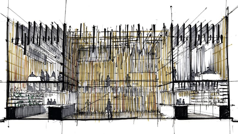 Croquis à l'encre d'un espace intérieur sur deux niveaux animé par des silhouettes, pour un projet d'architecture, Salon SIMEI à Milan