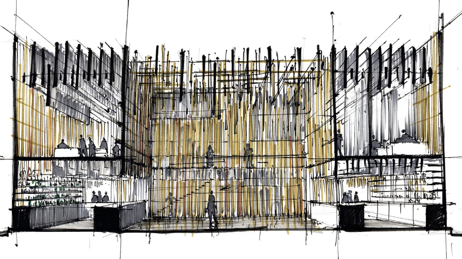 Croquis à l'encre d'un espace intérieur sur deux niveaux animé par des silhouettes, pour un projet d'architecture, Salon SIMEI à Milan