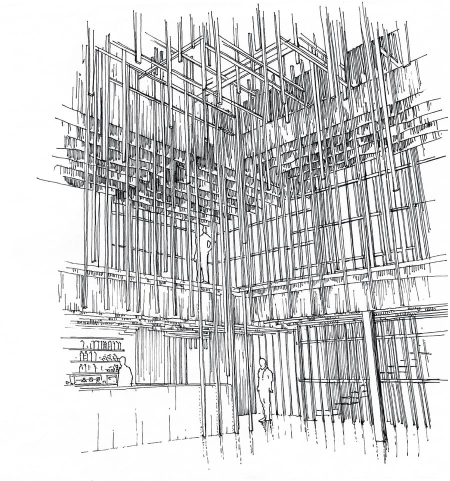 Croquis d'un hall intérieur aux hautes structures verticales suspendues avec des silhouettes humaines, pour un projet d'architecture, Salon SIMEI à Milan
