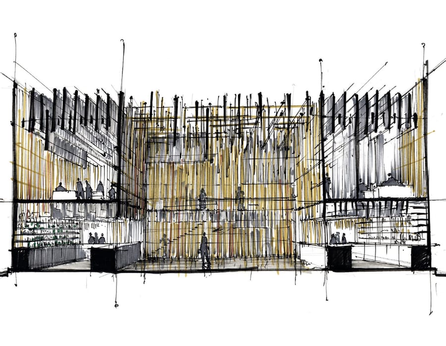 Dessin d'un projet d'aménagement intérieur sur deux niveaux avec des silhouettes humaines, conçu par un architecte, Salon SIMEI à Milan
