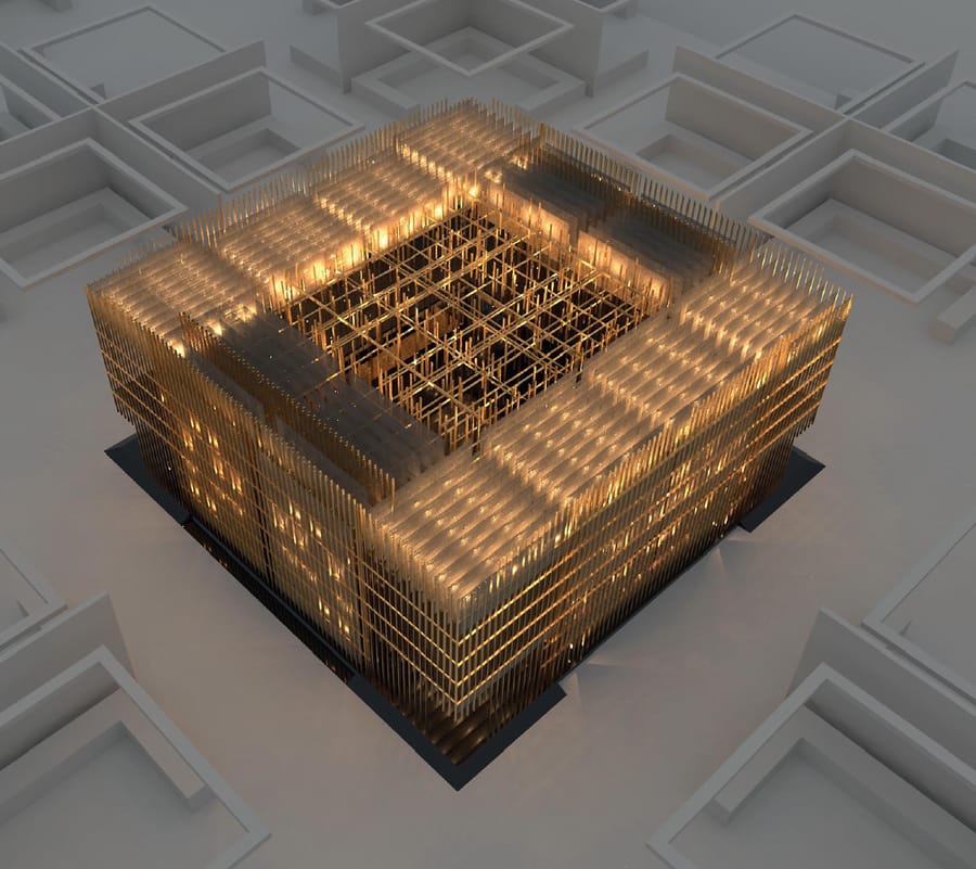 Maquette 3D d'un édifice cubique aux façades lumineuses et ajourées, réalisée pour un projet d'architecture, Salon SIMEI à Milan
