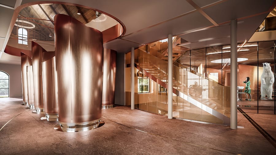 Aménagement intérieur d'un chai contemporain présentant de grandes cuves en cuivre et un escalier vitré
