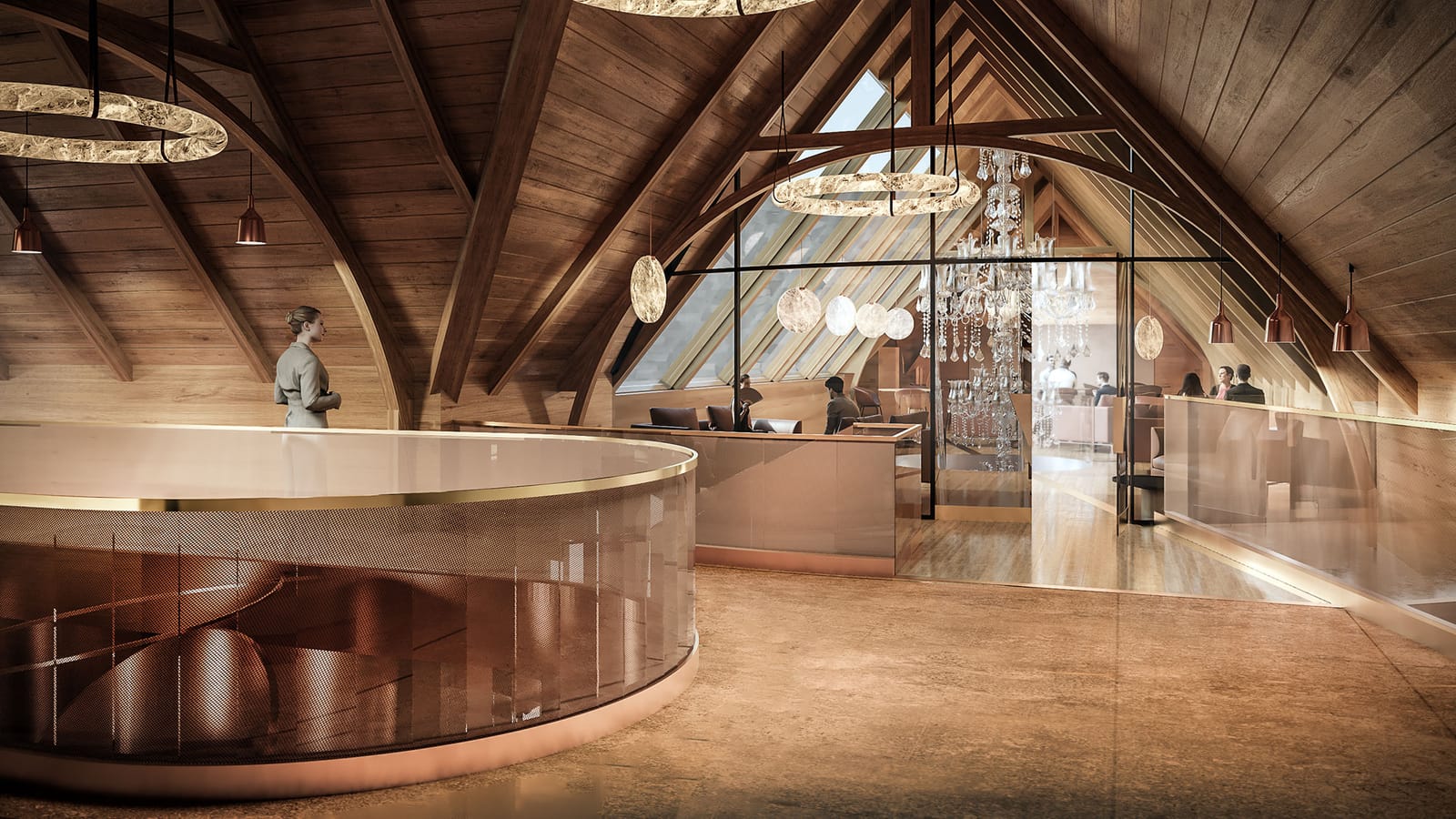 Aménagement intérieur sous une charpente voûtée en bois avec des luminaires contemporains et une verrière dans un domaine viticole
