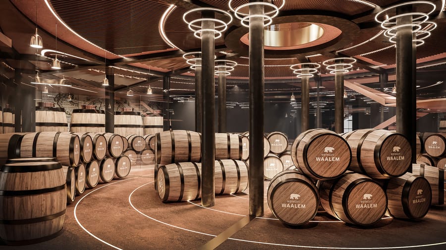 Chai moderne aux luminaires circulaires abritant des fûts de chêne estampillés au nom du domaine Weingut Waalem