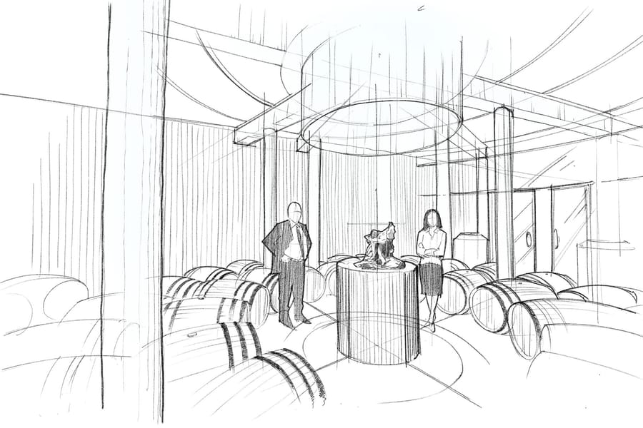 Projet d'aménagement d'un chai à vin avec fûts de chêne disposés autour d'un socle d'exposition central, Winery Waalem sur l'île de Föhr, en Allemagne
