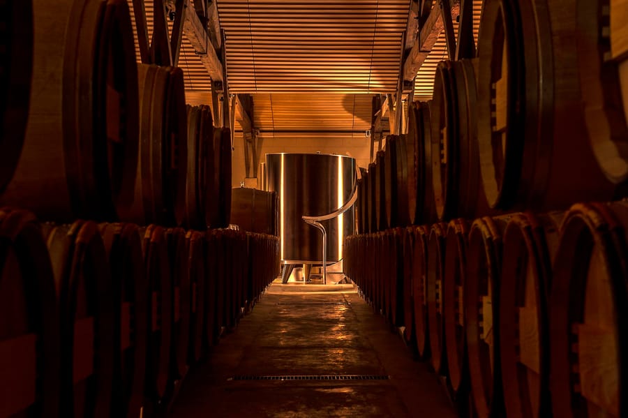 Alignement de foudres en bois le long d'une allée menant à une cuve en inox dans un chai viticole, Château d'Yquem à Sauternes